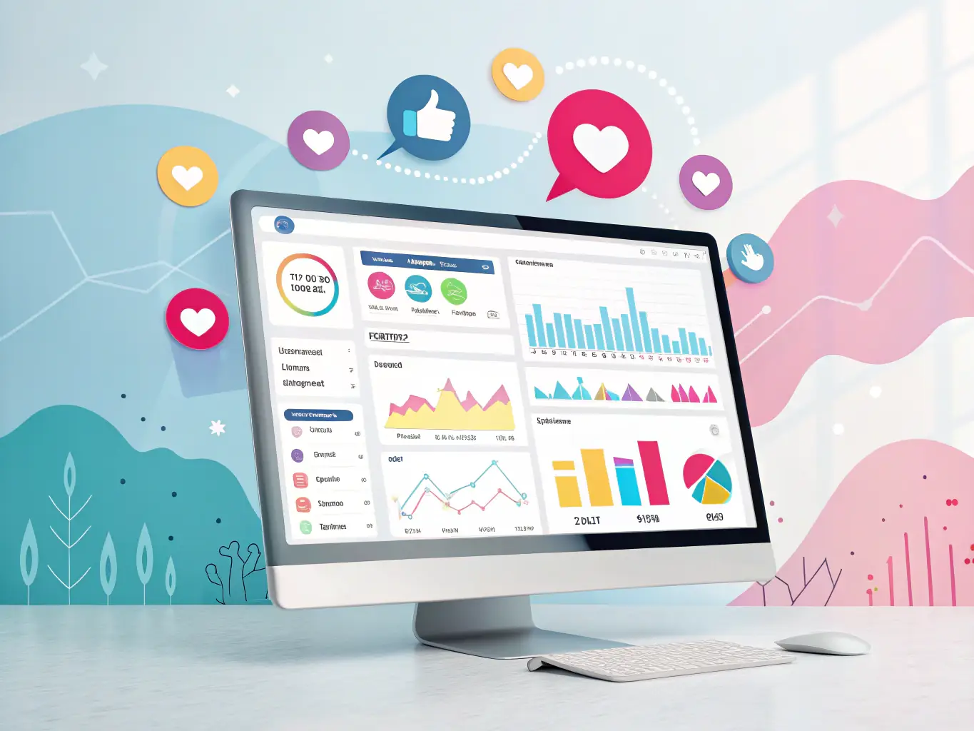 An image of social media icons with engagement metrics and content previews, representing Walker SEO's social media management services.