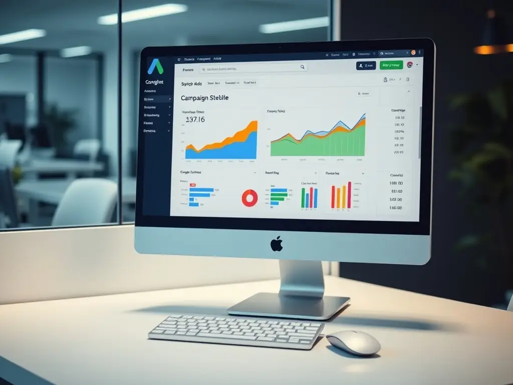 An image of a digital ad dashboard with campaign metrics and ad previews, showcasing Walker SEO's online advertising campaign management.